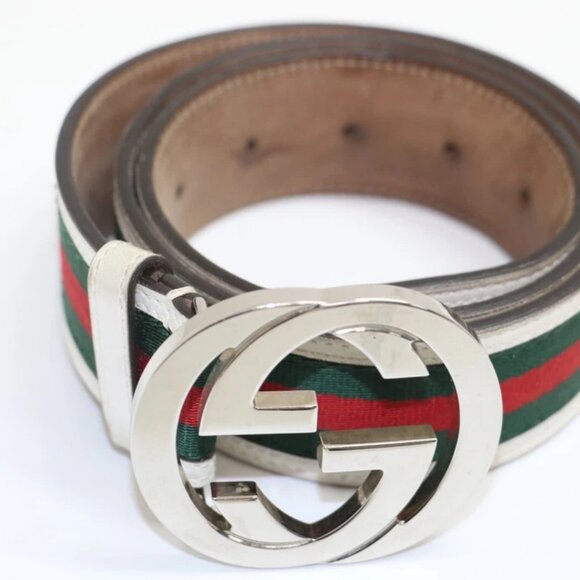 GUCCI Silver Interlocking G Buckle Sherry Line Canvas Leather Belt 114984 1766 - Picture 1 of 12
